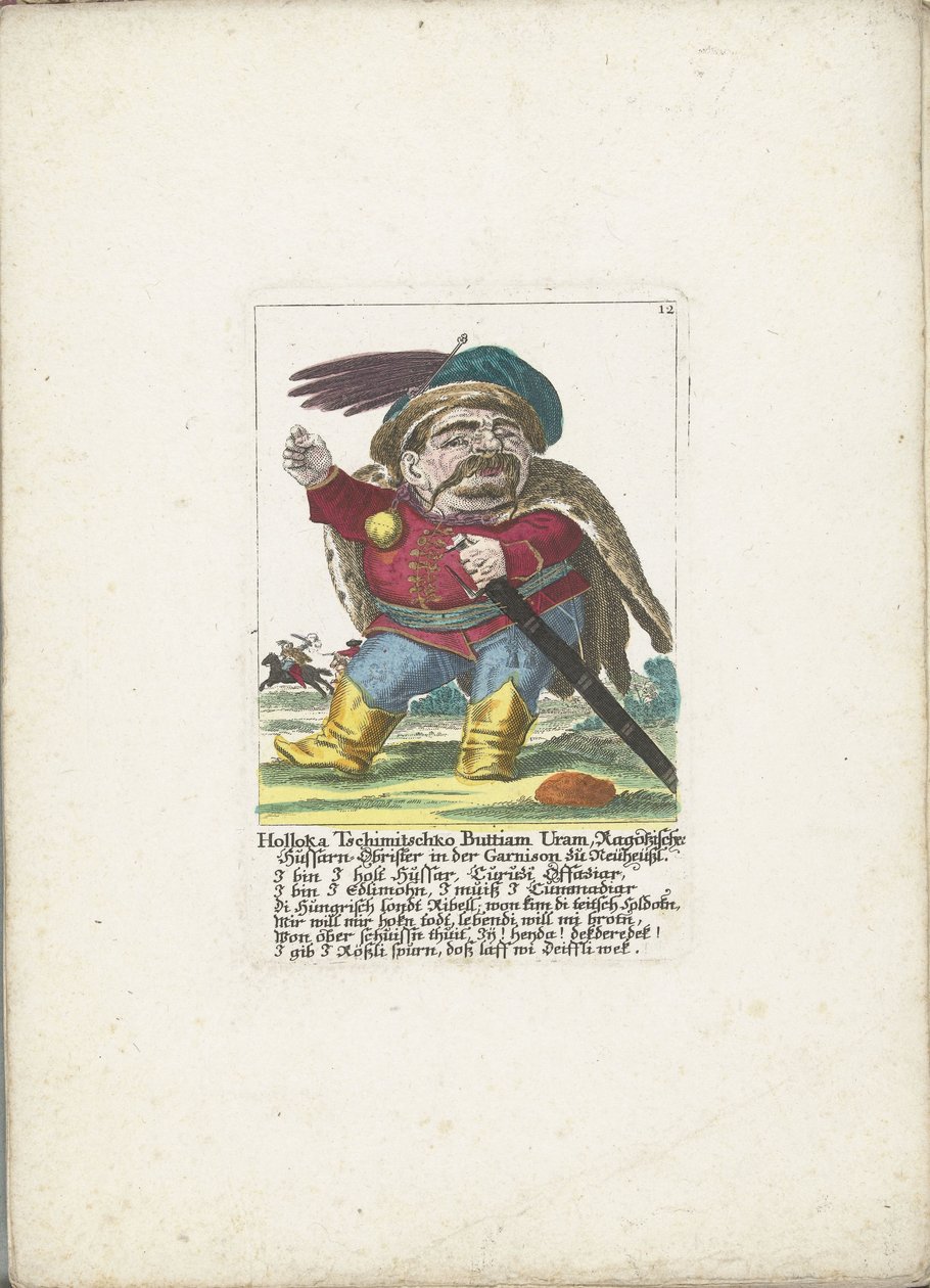 De dwerg Holloka Chimichko Buttiam Uranium as huzaar, ca. 1710 Holloka Tschimitschko Buttiam Uran, Ragoßischer Hussarn-oberst i Neuheussl-garnisonen (tittel på objekt) Il Callotto resurcitato eller nyinnredet lite skap (serietittel) av Martin Engelbrecht (attributed to)