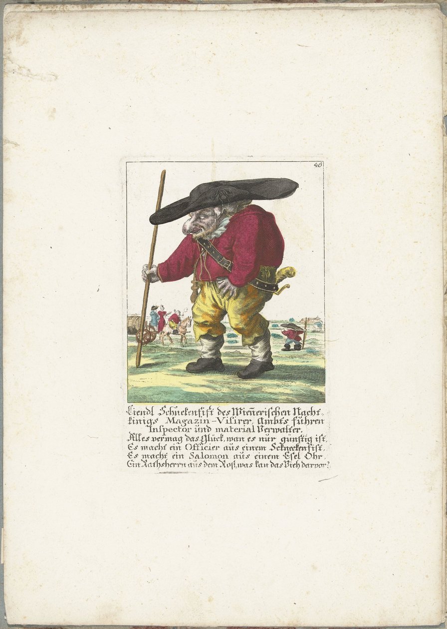 De dwerg Liendl Schnekenfist, ca. 1710 Liendl Schnekenfist fra Wienerisches Nacht-Kings Magazin-Visirer, Ambts kjørte inspektør og materialadministrator (tittel på objekt) Il Callotto resurcitato eller nyinnredet lite skap (serietittel) av Martin Engelbrecht (attributed to)