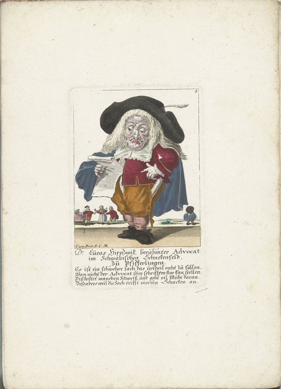 De dwerg Lucas Hirnzwik as een advocaat, ca. 1710 Dr. Lucas Hirnzwik, kjent talsmann i Schwaben Schnekenfeld, om kantareller (tittel på objekt) Il Callotto resurcitato eller Nyinnredet Zwerchen-kabinett (serietittel) av Martin Engelbrecht (attributed to)