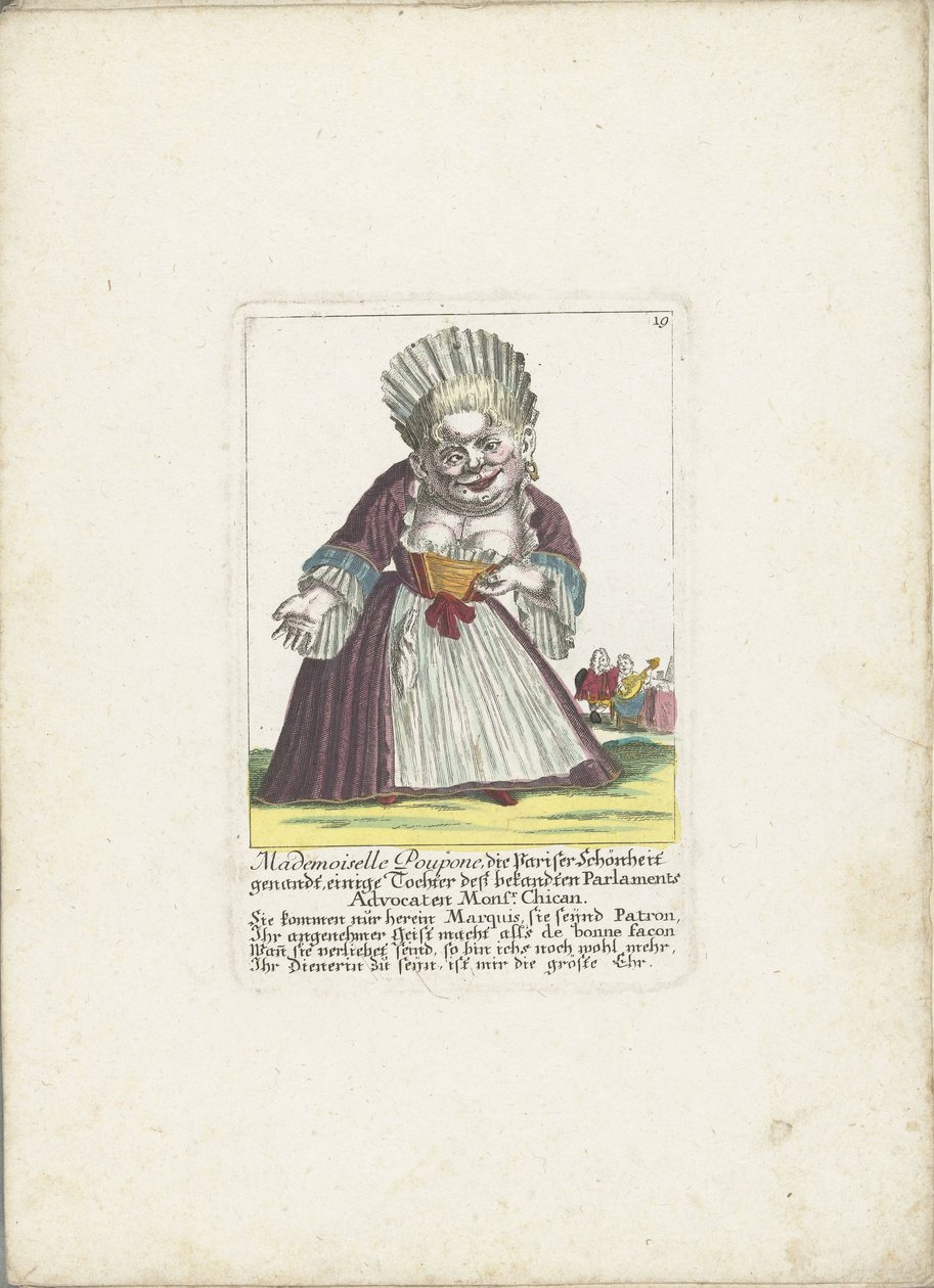 De dwerg Mademoiselle Poupon, som Parijse Schone, ca. 1710 Mademoiselle Poupone, den parisiske skjønnheten, en datter av den velkjente parlamentsadvokaten Monsr. Chican (tittel på objekt) Il Callotto resurcitato eller nyinnredet Zwerchen-hytte av Martin Engelbrecht (attributed to)