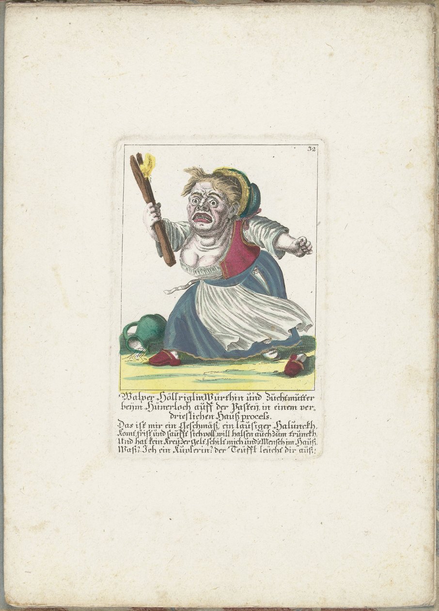 De dwerg Malper Höllriglin als waardin, ca. 1710 Malper Höllriglin Würthin og avlsmor ved Hünerloch auff der Pasteij, i et rart søksmål (tittel på objekt) Il Callotto resurcitato eller nyinnredet lite skap (serietittel av Martin Engelbrecht (attributed to)