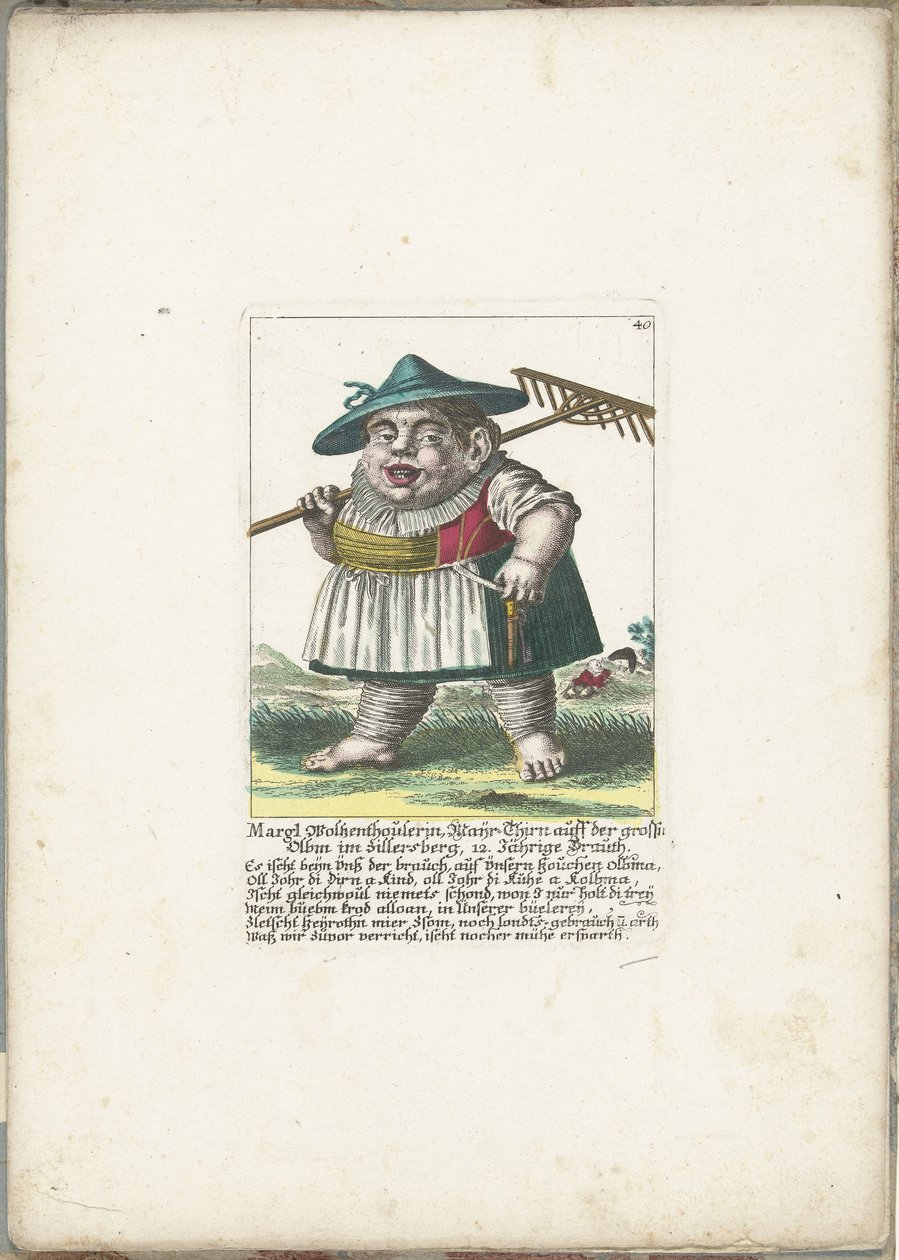 Dvergen Margl Woltzenthoulerin, ca. 1710 Margl Woltzenthoulerin, Mayr-Thirn auff der grossn Olbm im Zillersberg, 12. Jährige Brauth (tittel på objekt) Il Callotto resurcitato eller nyutnevnt Zwerchen-kabinett (serietittel) av Martin Engelbrecht (attributed to)