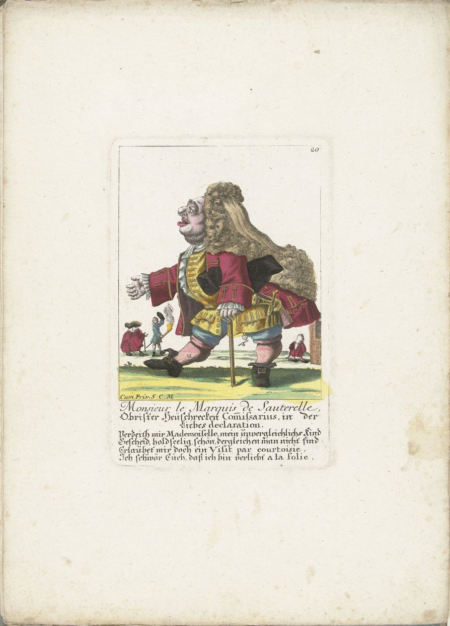 Dvergen Monsieur le Marquis de Sauterelle, ca. 1710 Monsieur le Marquis de Sauterelle, Obrister Heüschrecken Commissarius, in der Liebes-erklæringen (tittel på objekt) Il Callotto resurcitato eller nyutnevnt Zwerchen-kabinett (serietittel) av Martin Engelbrecht (attributed to)