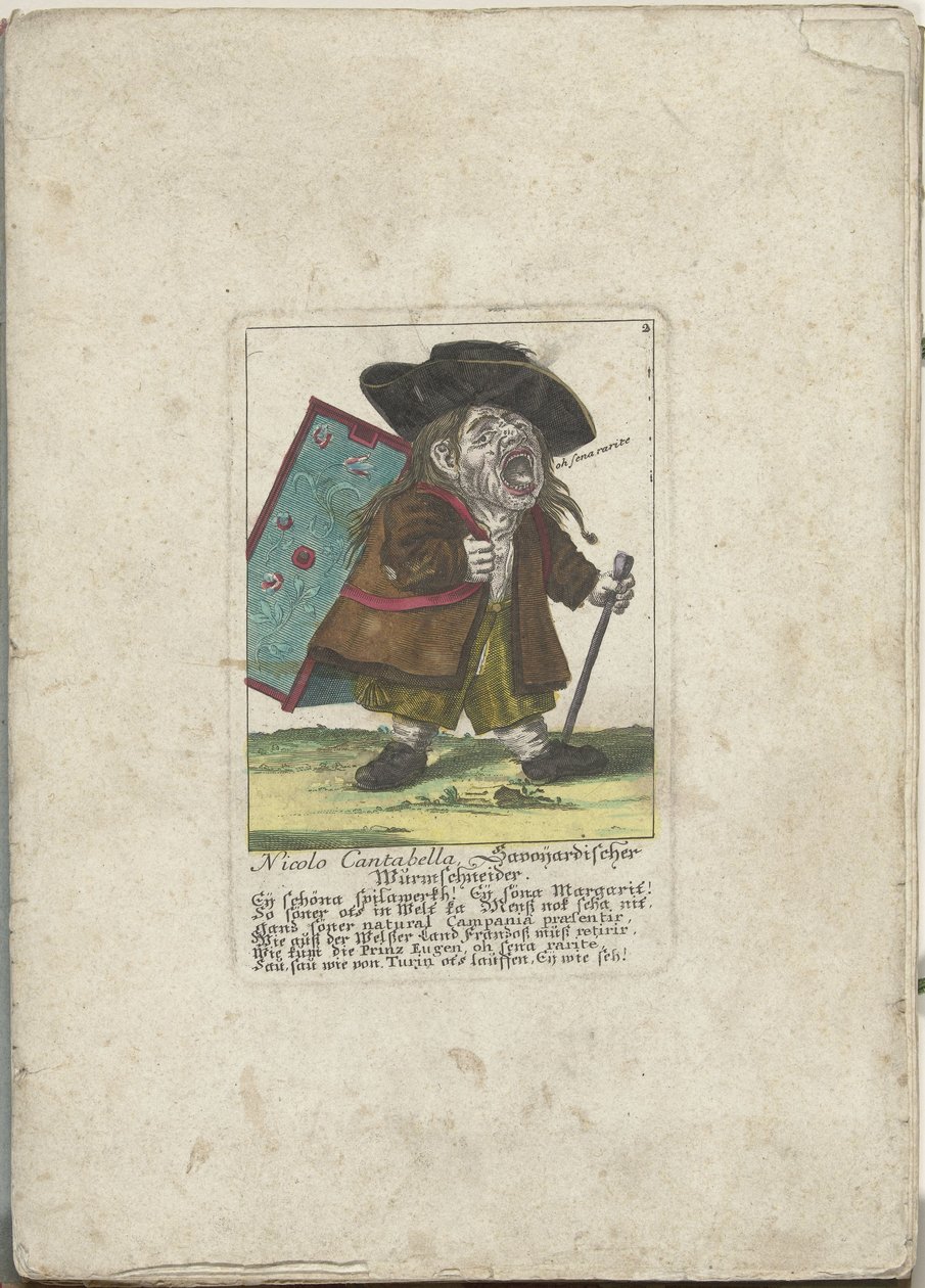 De dwerg Nicolo Cantabella, ca. 1710 Nicolo Cantabella, Savoyard ormekutter (tittel på objekt) Il Callotto resurcitato eller nyinnredet lite skap (serietittel) av Martin Engelbrecht (attributed to)