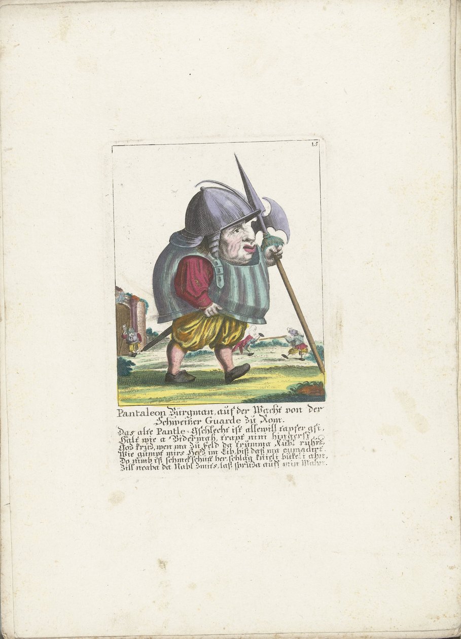 Dwerg Pantaleon Bürgman van de Zwitserse Garde te Roma, ca. 1710 Pantaleon Bürgman, på vakt fra den sveitsiske garde i Roma (tittel på objekt) Il Callotto resurcitato eller nyinnredet lite skap (serietittel) av Martin Engelbrecht (attributed to)