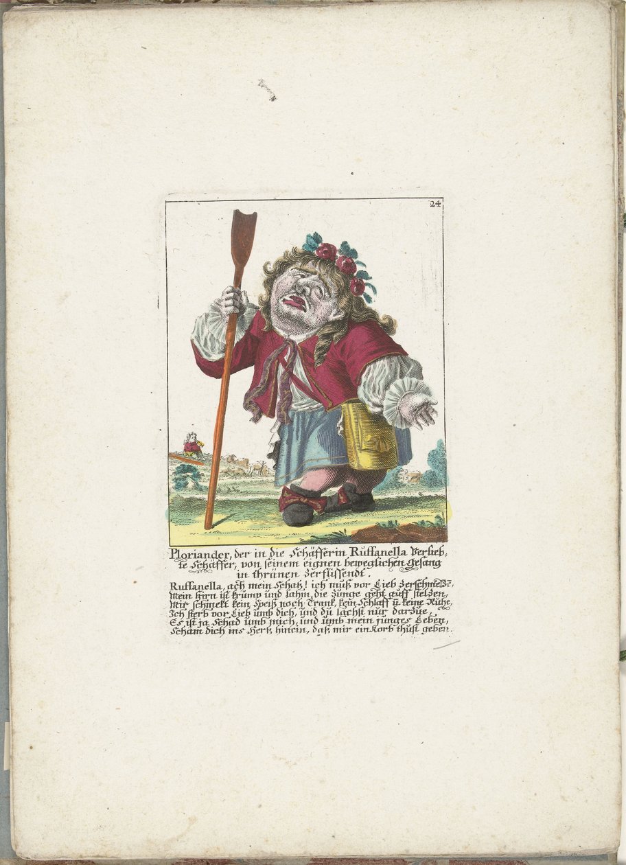 De dwerg Ploriander som gjeter, ca. 1710 Ploriander, gjeteren forelsket i gjeterinnen Ruffanella, brister i gråt av sin egen rørende sang (tittel på objekt) Il Callotto resurcitato eller nyinnredet lite skap (serie av Martin Engelbrecht (attributed to)