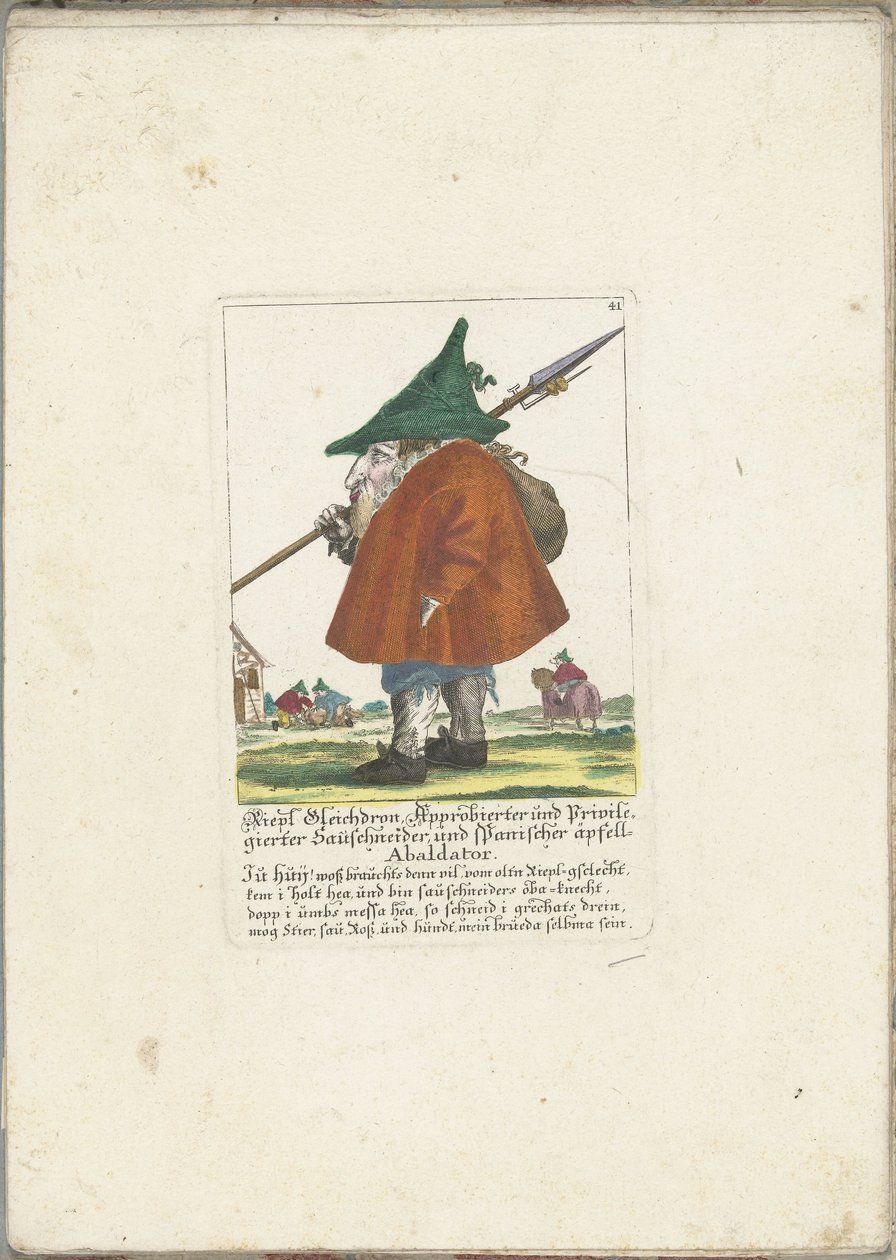 Dwerg Riepl Gleichdron, ca. 1710 Riepl Gleichdron, lisensiert og privilegert pølsekutter og spansk epleabaldator (tittel på objekt) Il Callotto resurcitato eller nyinnredet lite skap (serietittel) av Martin Engelbrecht (attributed to)