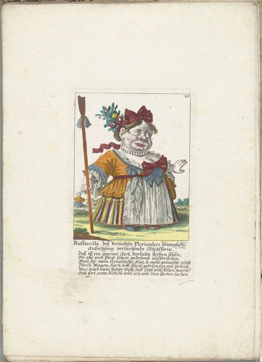 De dwerg Ruffanella som gjeterinne, ca. 1710 Ruffanella, gjeterinne som ler av Plorianders rørende forespørsel (tittel på objekt) Il Callotto resurcitato eller nyinnredet lite skap (serietittel) av Martin Engelbrecht (attributed to)