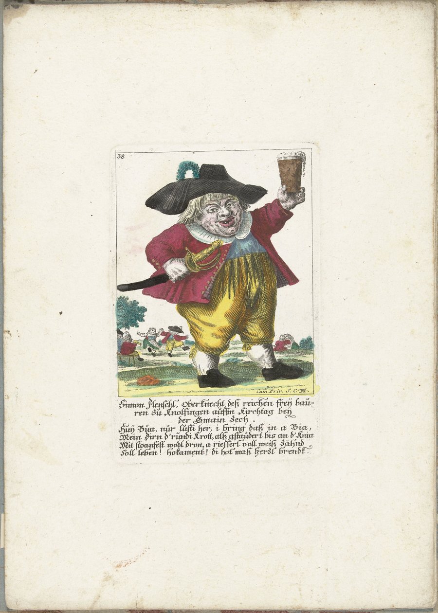 Dwergen Simon Flenschl, ca. 1710 Simon Flenschl, formann for de rike Freij-bøndene i Knolsingen på Kirchtag nær Gmain Zech (tittel på objekt) Il Callotto resurcitato eller nyinnredet lite skap (serietittel) av Martin Engelbrecht (attributed to)
