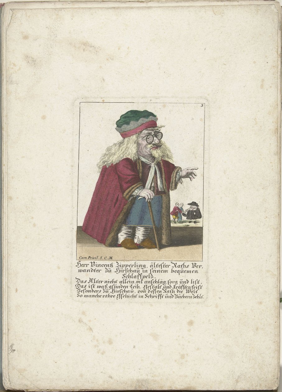 Dwerg Vincentz Zipperling in een bontjas, ca. 1710 Herr Vincentz Zipperling, Raths eldste slektning i Hirschau, i sin komfortable slakke frakk (tittel på objekt) Il Callotto resurcitato eller nyinnredet lite skap (serietittel) av Martin Engelbrecht (attributed to)