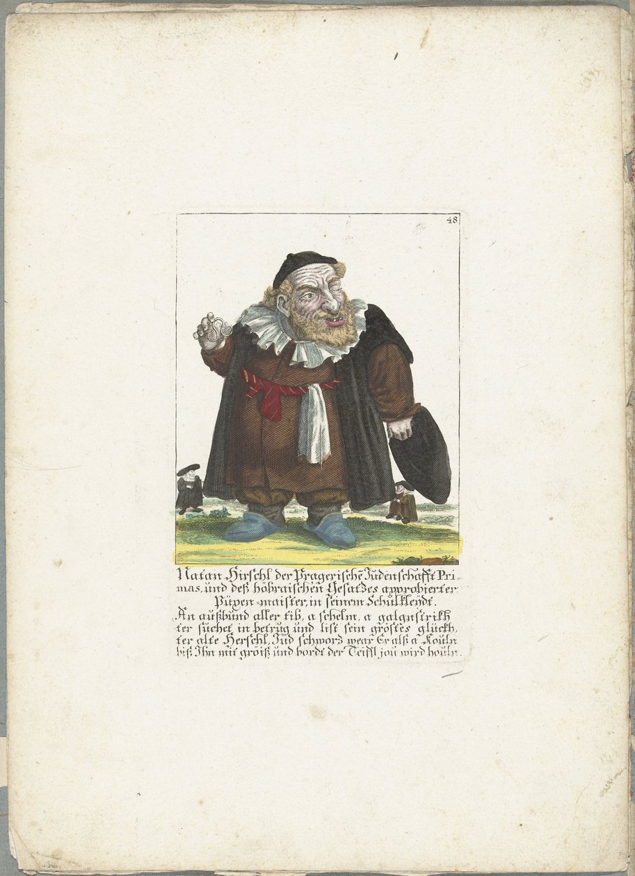 De joodse dwerg Natan Hirschl, ca. 1710 Natan Hirschl, primat fra Praha-jødedommen, og Püpen-maister godkjent av den hoebraiske loven, i skoleklærne sine (tittel på objekt) Il Callotto resurcitato eller nyinnredet Zwerchen-skap (se av Martin Engelbrecht (attributed to)