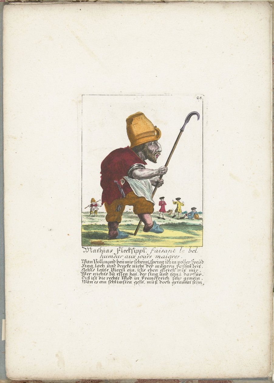 Den blide dvergen Mathias Flecksippl, ca. 1710 Mathias Flecksippl, faisant le bel humeur aux jours maigres (tittel på objekt) Il Callotto resurcitato eller nyutnevnt Zwerchen-kabinett (serietittel) av Martin Engelbrecht (attributed to)