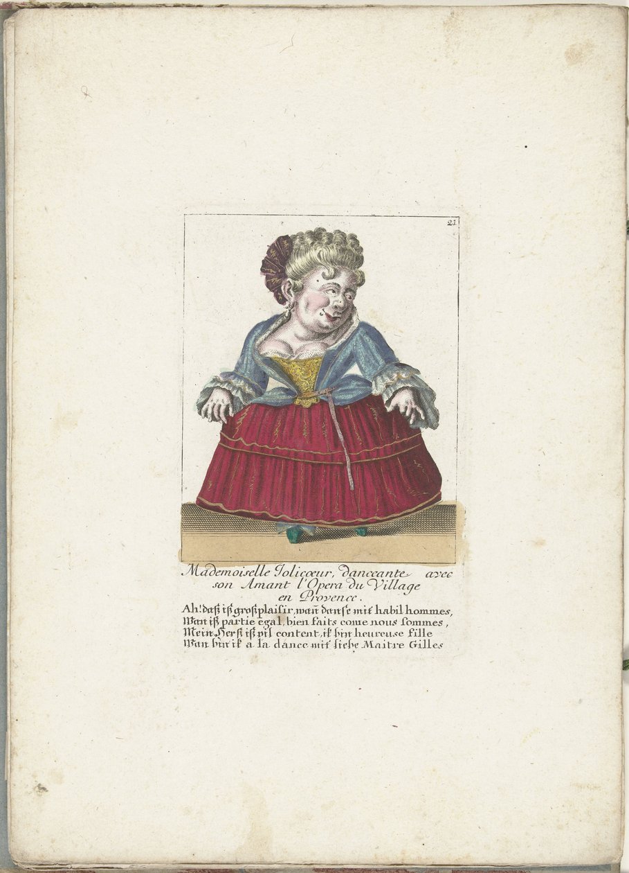 Dwerg als de Franse Mademoiselle Jolicoeur, ca. 1710 Mademoiselle Jolicoeur, danser med sin elsker ved Opera du Village i Provence (tittel på objekt) Il Callotto resurcitato oder Neu eingerichtes Zwerchen Cabinet (serietittel) av Martin Engelbrecht (attributed to)