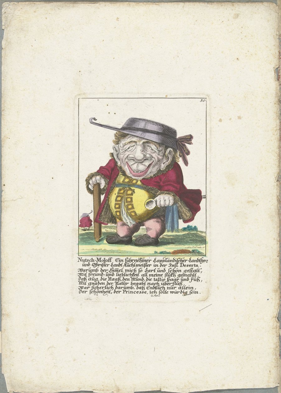 Karikatur av Nutsch-Moloff Nutsch-Moloff En ledende Lapplandseier og oberst Landt Kuchlmeister på øya Deserta (tittel på objekt) Il Callotto resurcitato eller nyinnredet lite skap (serietittel) av Martin Engelbrecht (attributed to)