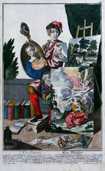 En maler, ca. 1735 (farget gravering) av Martin Engelbrecht