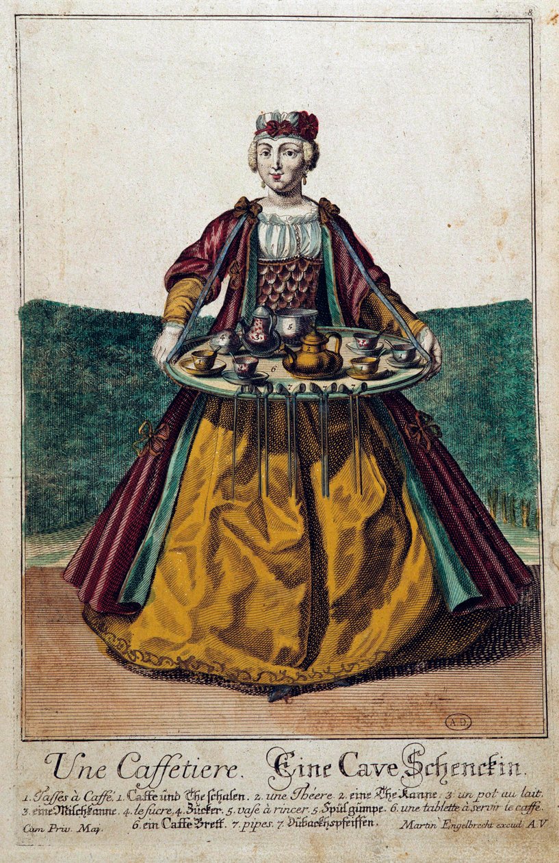 En kaffetrakter: en ung kvinne som bærer et brett ladet med en kaffeservering. Gravering av Martin Engelbrecht (1684-1756) 1700-tallet. Paris, dekorativ kunst av Martin Engelbrecht
