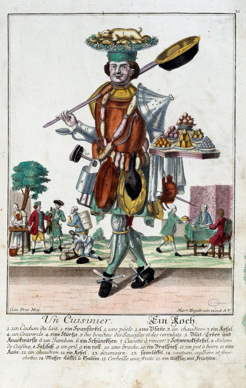 En kokk. Gravering av Martin Engelbrecht (1684-1756), i "" New assembly of the manouvries habilles"" 1700-tallet, Tyskland. Paris, dekorativ kunst av Martin Engelbrecht
