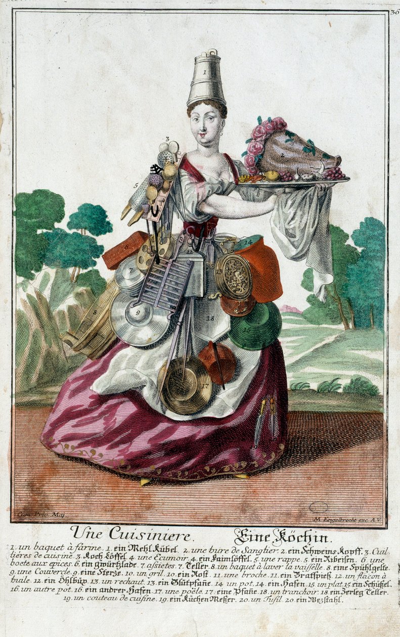 En kokk. Gravering av Martin Engelbrecht (1684-1756), i "" New assembly of the manouvries habilles"" 1700-tallet, Tyskland. Paris, dekorativ kunst av Martin Engelbrecht