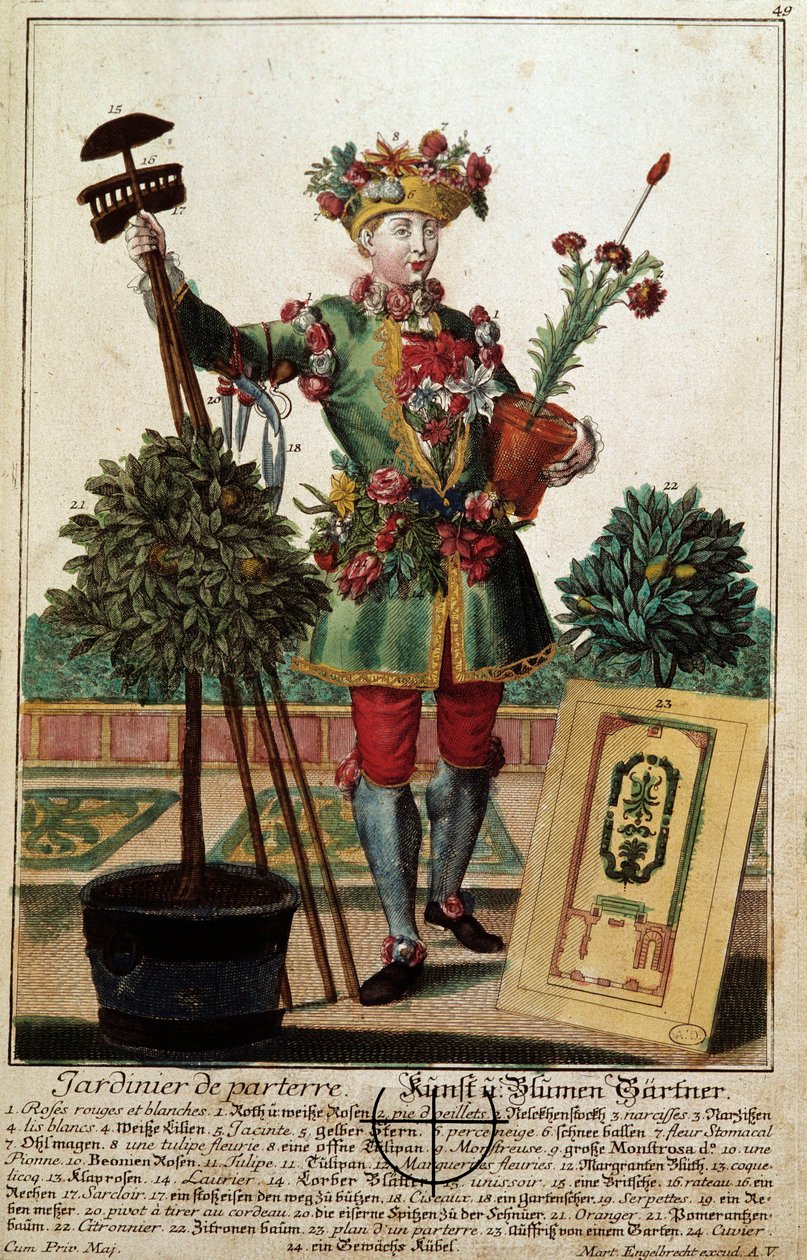 En gartner. Gravering av Martin Engelbrecht (1684-1756), i "" New assembly of the manouvries habilles"" 1700-tallet, Tyskland. Paris, dekorativ kunst av Martin Engelbrecht