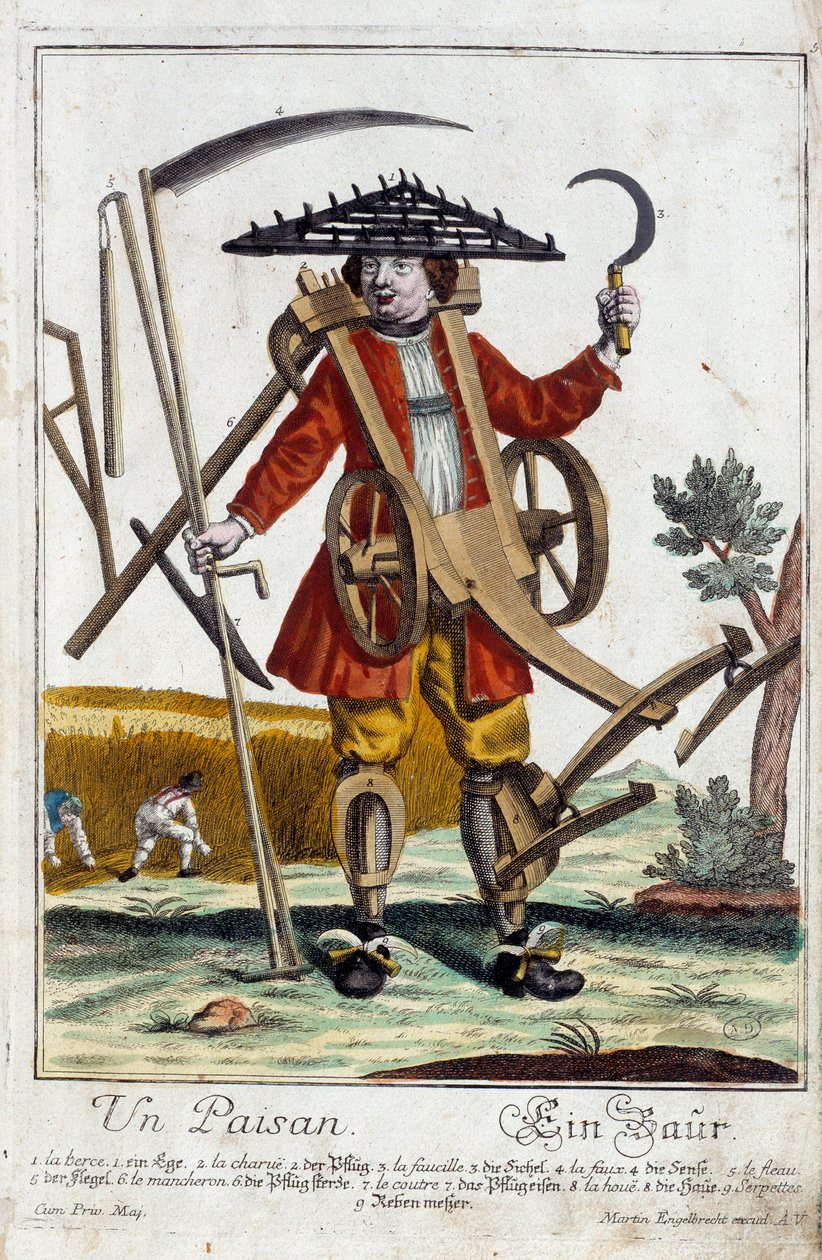 En bonde. Gravering av Martin Engelbrecht (1684-1756), i "" New assembly of the manouvries habilles"" 1700-tallet, Tyskland. Paris, dekorativ kunst av Martin Engelbrecht