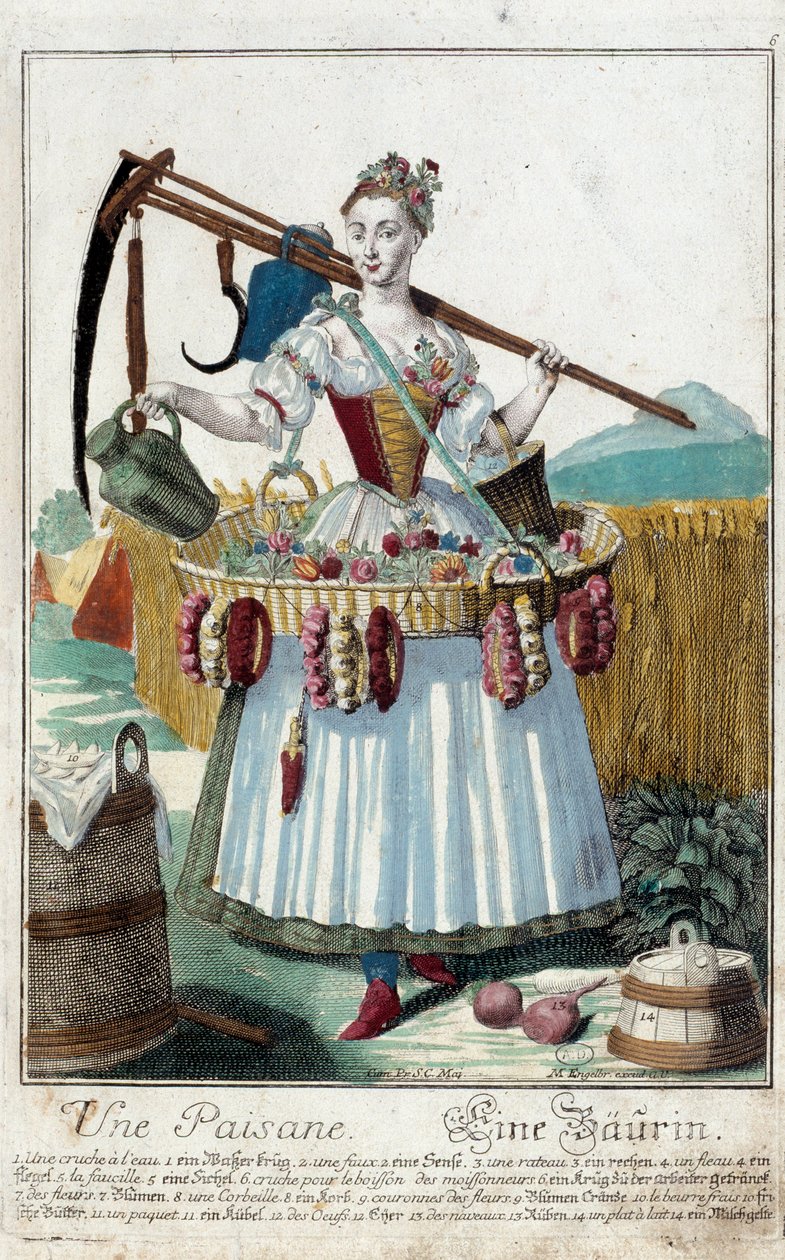 En bondekvinne. Gravering av Martin Engelbrecht (1684-1756), i "" New assembly of the manouvries habilles"" 1700-tallet, Tyskland. Paris, dekorativ kunst. av Martin Engelbrecht