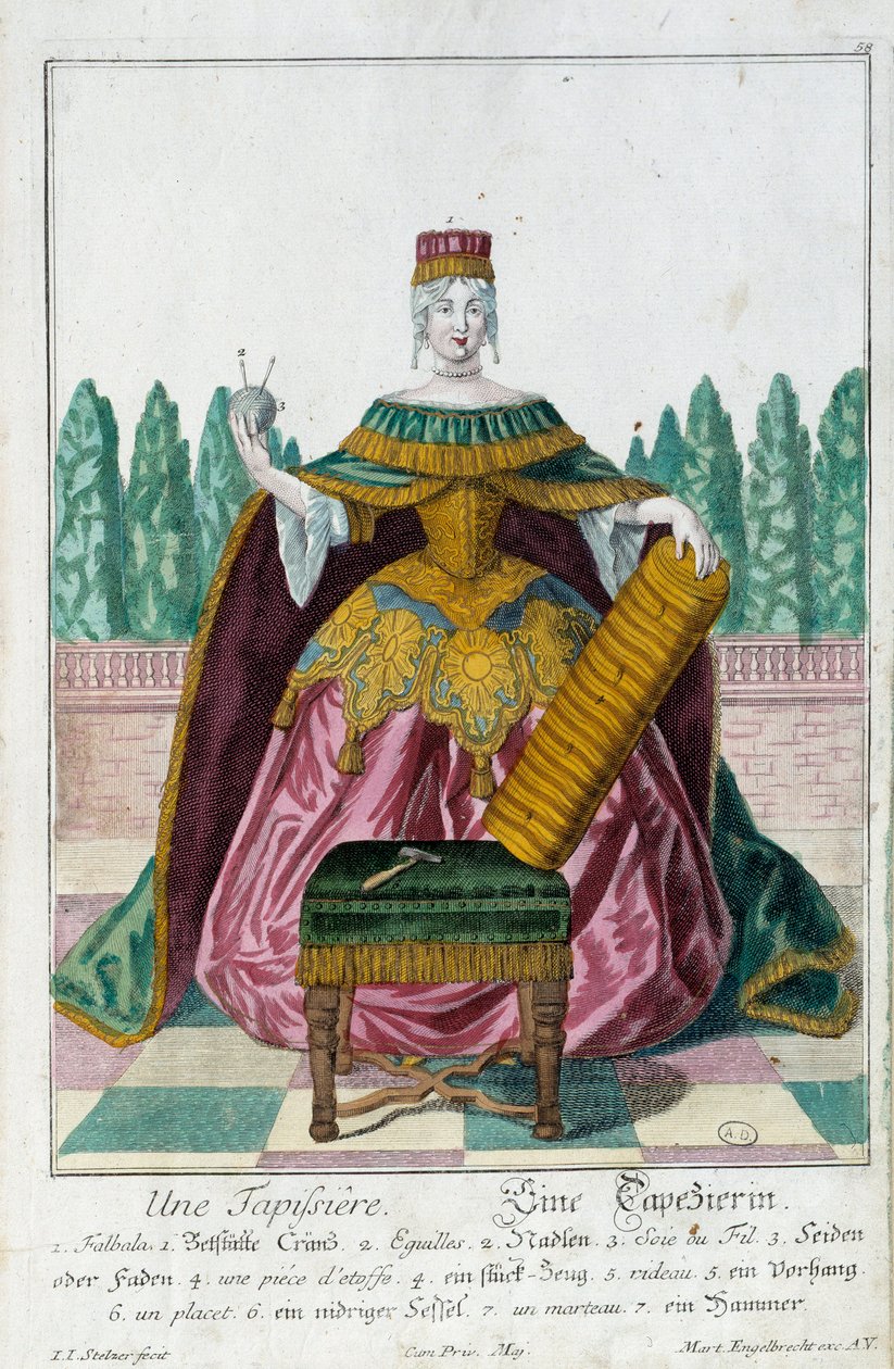 En møbeltrekk. Gravering av Martin Engelbrecht (1684-1756), i "" New assembly of the manouvries habilles"" 1700-tallet, Tyskland. Paris, dekorativ kunst av Martin Engelbrecht