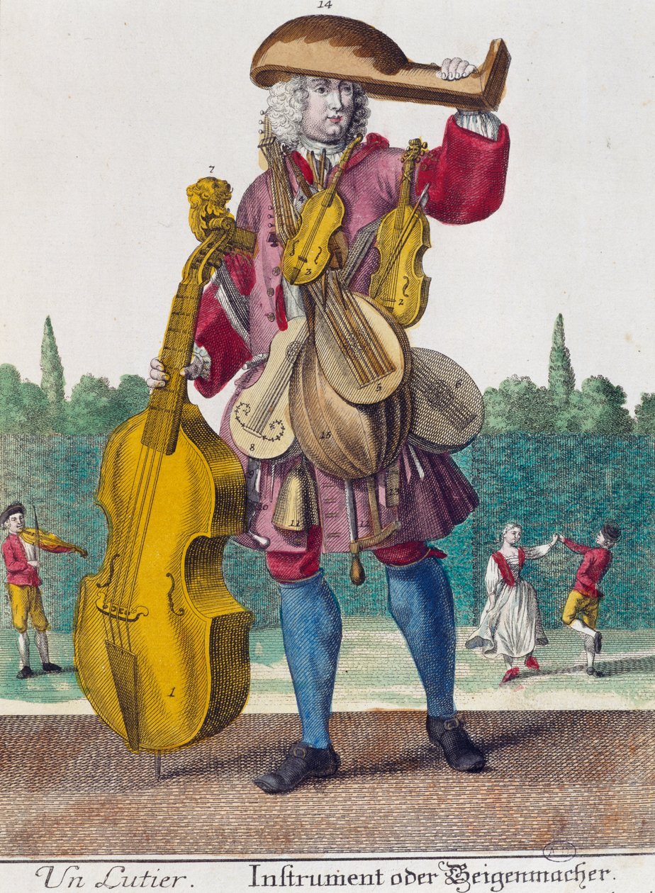Lutspiller, gravering fra Assemblage des nouveau manouvries habilles av Martin Engelbrecht (1684-1756), Tyskland av Martin Engelbrecht