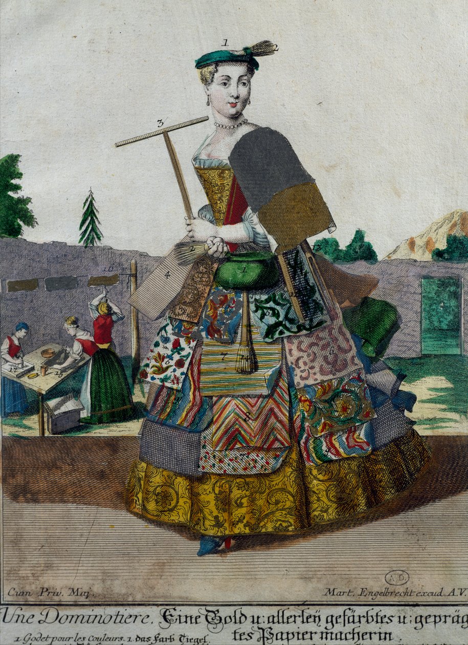 Produsent av farget papir, gravering fra Assemblage des nouveau manouvries habilles Martin Engelbrecht (1684-1756), Tyskland av Martin Engelbrecht