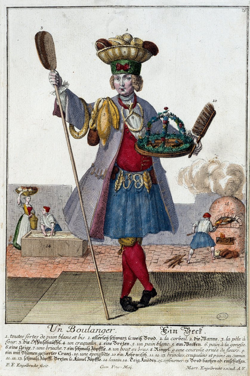 Metier: En baker. Gravering av Martin Engelbrecht (1684-1756), i "" New assembly of the manouvries habilles"" 1700-tallet, Tyskland. Paris, dekorativ kunst av Martin Engelbrecht