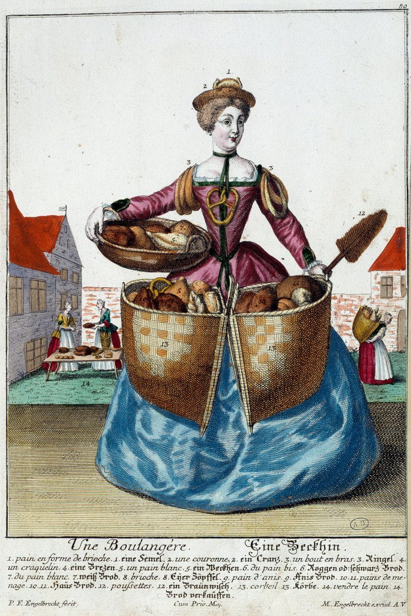 Metier: En baker. Gravering av Martin Engelbrecht (1684-1756), i "" New assembly of the manouvries habilles"" 1700-tallet, Tyskland. Paris, dekorativ kunst av Martin Engelbrecht