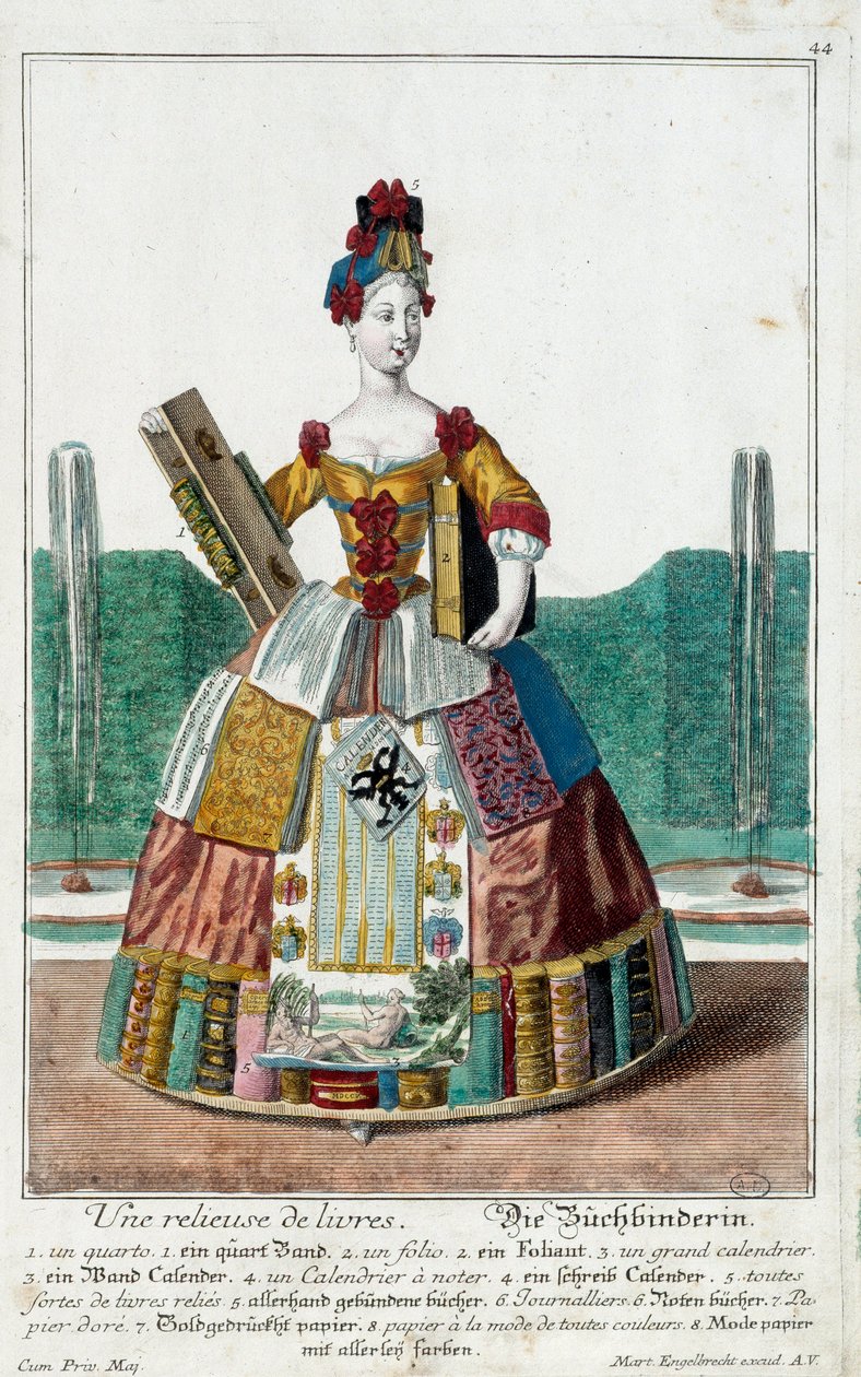 Metier: En bokperm. Gravering av Martin Engelbrecht (1684-1756), i "" New assembly of the manouvries habilles"" 1700-tallet, Tyskland. Paris, dekorativ kunst av Martin Engelbrecht
