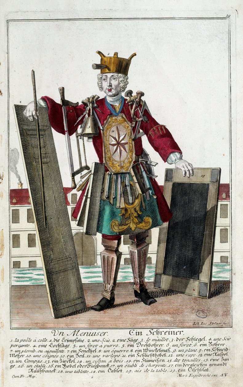 Metier: En snekker. Gravering av Martin Engelbrecht (1684-1756), i "" New assembly of the manouvries habilles"" 1700-tallet, Tyskland. Paris, dekorativ kunst av Martin Engelbrecht