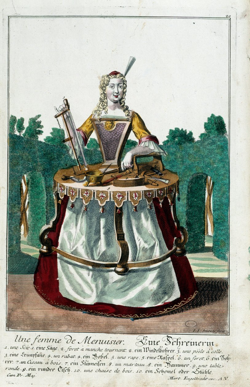 Metier: En snekkerkone. Gravering av Martin Engelbrecht (1684-1756), i "" New assembly of the manouvries habilles"" 1700-tallet, Tyskland. Paris, dekorativ kunst av Martin Engelbrecht