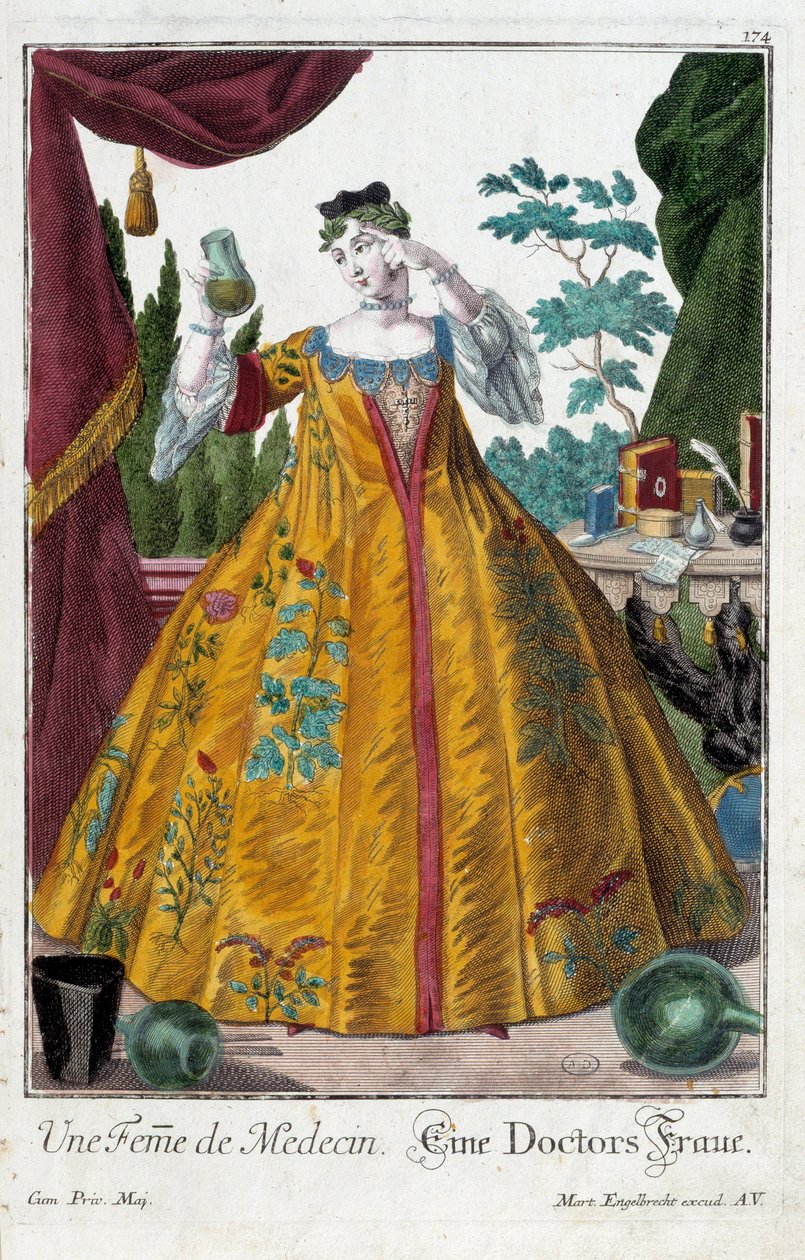 Metier: En leges kone. Gravering av Martin Engelbrecht (1684-1756), i "" New assembly of the manouvries habilles"" 1700-tallet, Tyskland. Paris, dekorativ kunst av Martin Engelbrecht