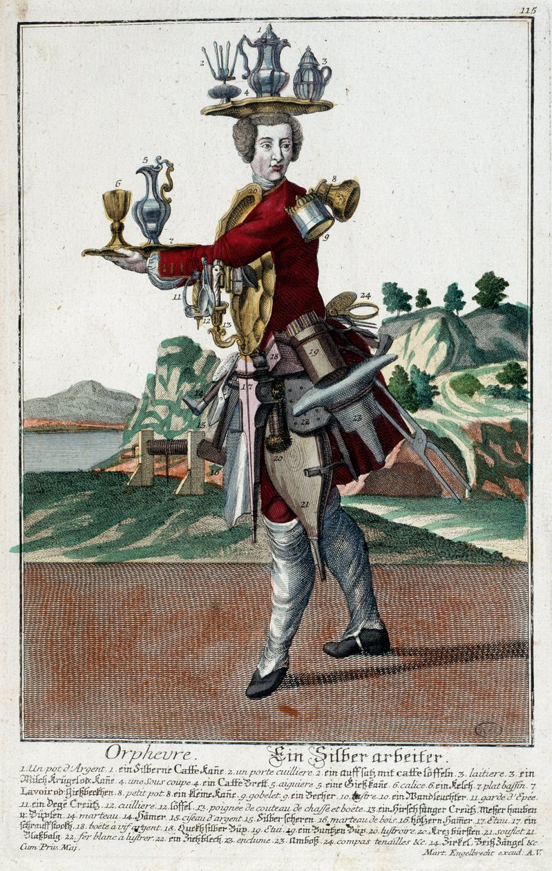 Metier: En gullfisk. Gravering av Martin Engelbrecht (1684-1756), i "" New assembly of the manouvries habilles"" 1700-tallet, Tyskland. Paris, dekorativ kunst av Martin Engelbrecht