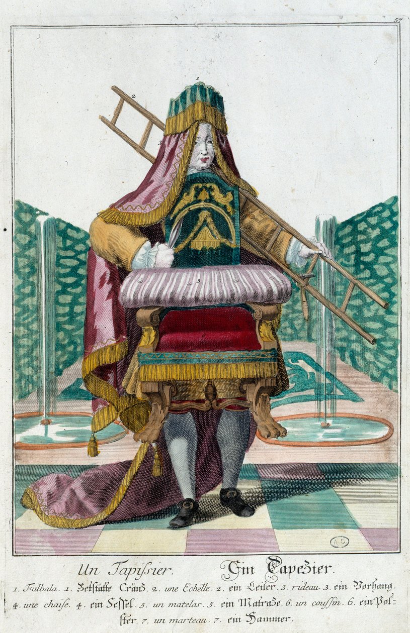 Metier: En møbeltrekk. Gravering av Martin Engelbrecht (1684-1756), i "" New assembly of the manouvries habilles"" 1700-tallet, Tyskland. Paris, dekorativ kunst av Martin Engelbrecht