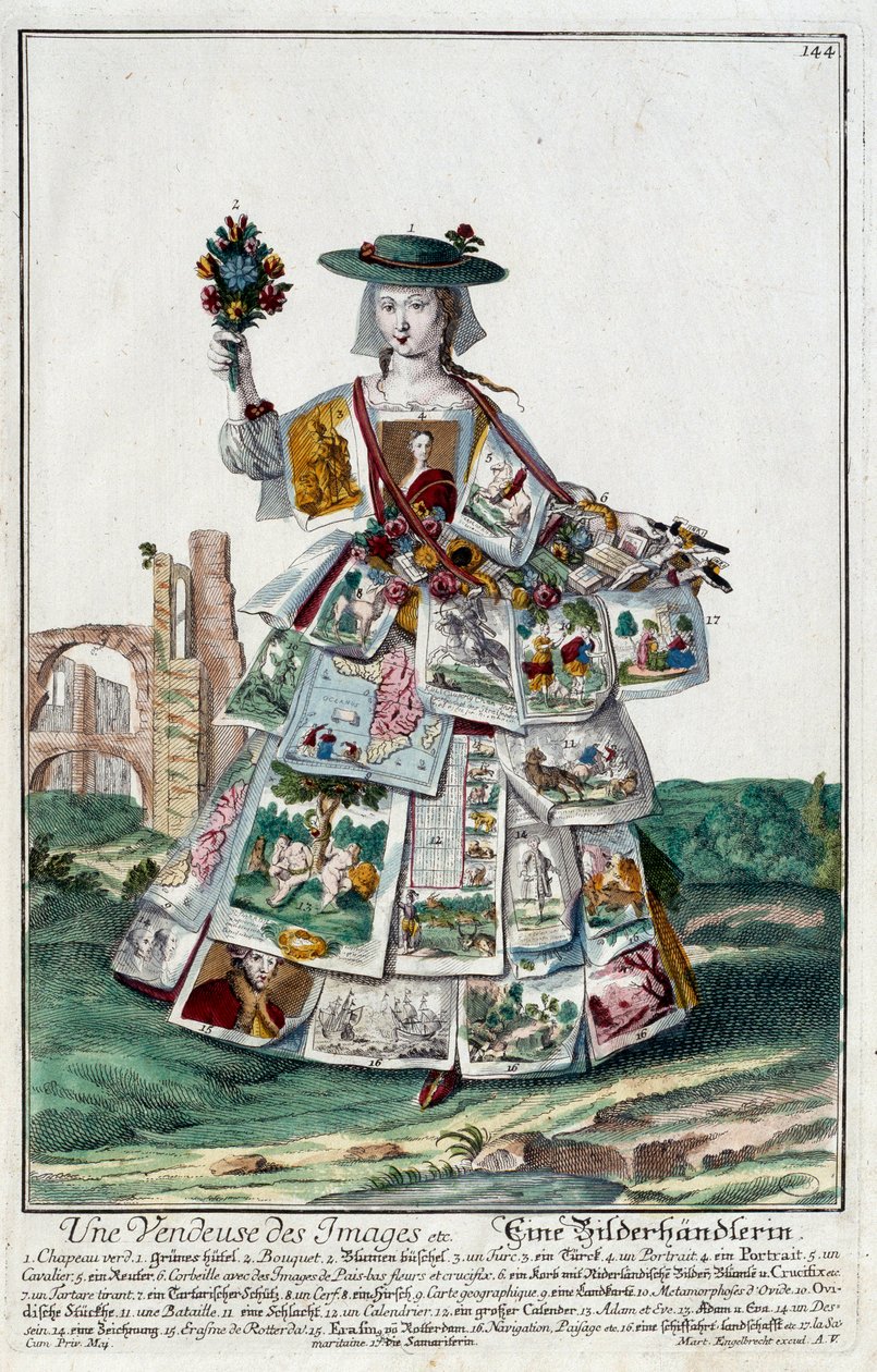 Metier: En bildeselger. Gravering av Martin Engelbrecht (1684-1756), i "" New assembly of the manouvries habilles"" 1700-tallet, Tyskland. Paris, dekorativ kunst av Martin Engelbrecht