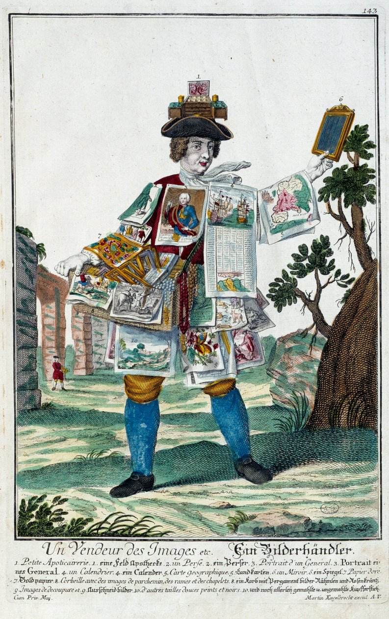 Metier: En bildeselger. Gravering av Martin Engelbrecht (1684-1756), i "" New assembly of the manouvries habilles"" 1700-tallet, Tyskland. Paris, dekorativ kunst av Martin Engelbrecht