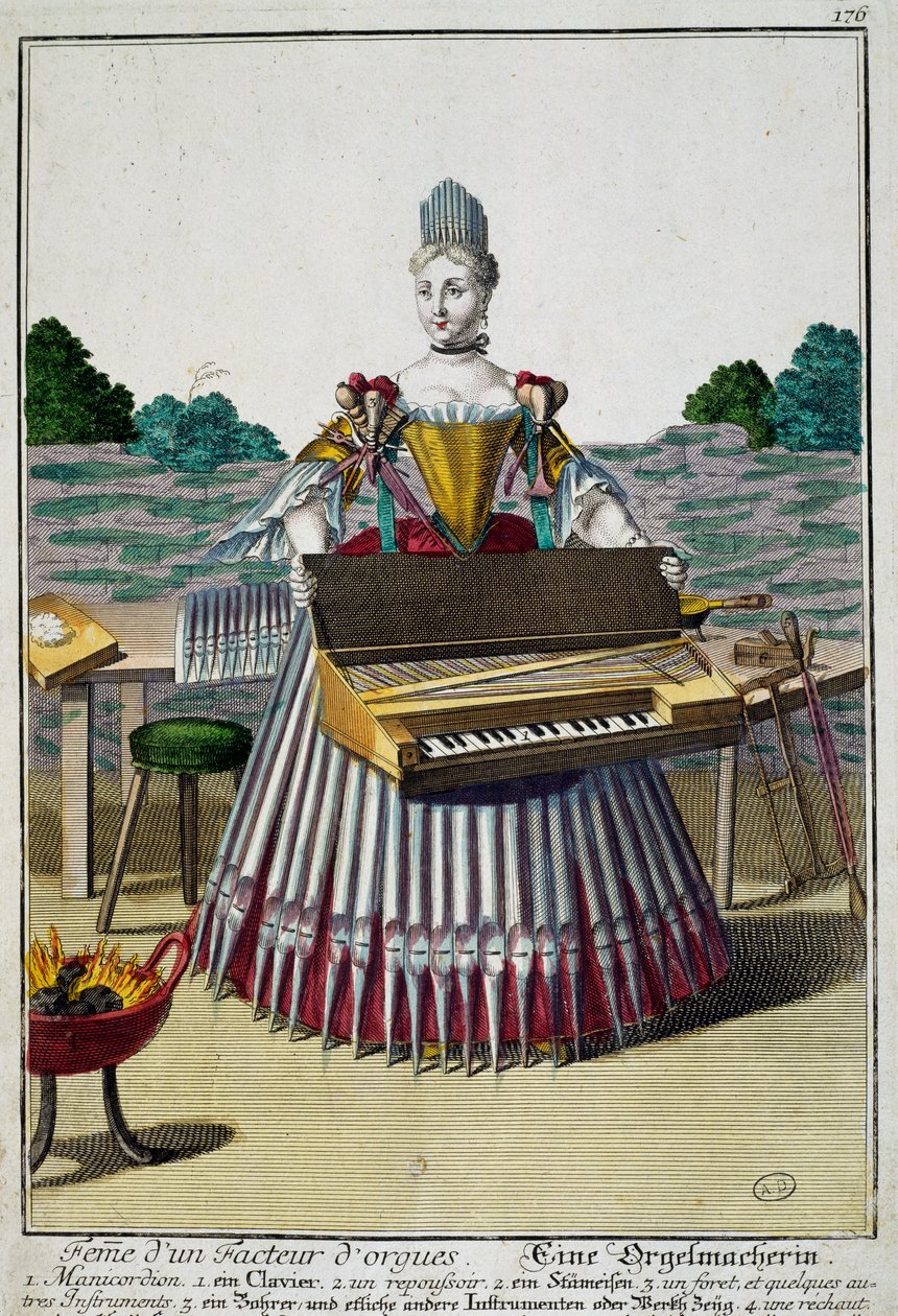 Orgelmakerens kone, gravering fra Assemblage des nouveau manouvries habilles av Martin Engelbrecht (1684-1756), Tyskland av Martin Engelbrecht