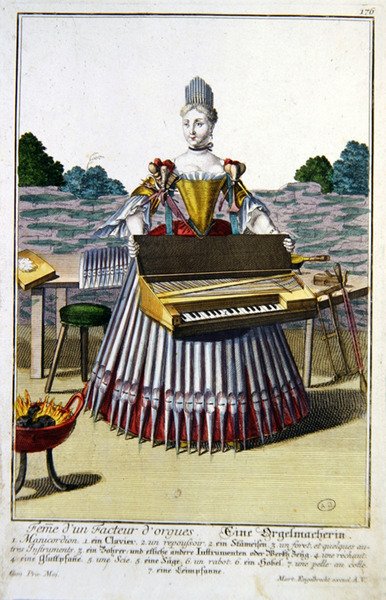 Orgelmakerens kone, ca. 1735 (farget gravering) av Martin Engelbrecht