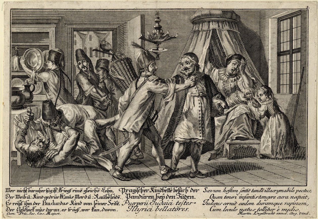 Pandurene på besøk hos jødene - Englebrecht, Martin (1684-1756) - ca 1756 - Kobberstikk - 21,3x30,9 - Privat samling av Martin Engelbrecht