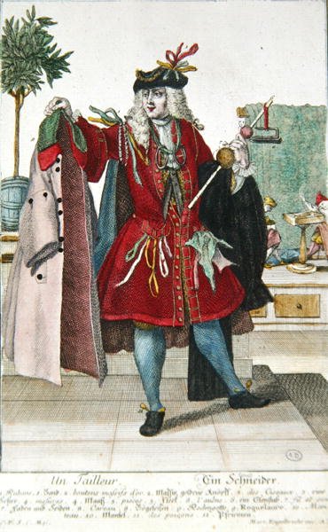 The Tailor, ca. 1735 (fargegravering) av Martin Engelbrecht