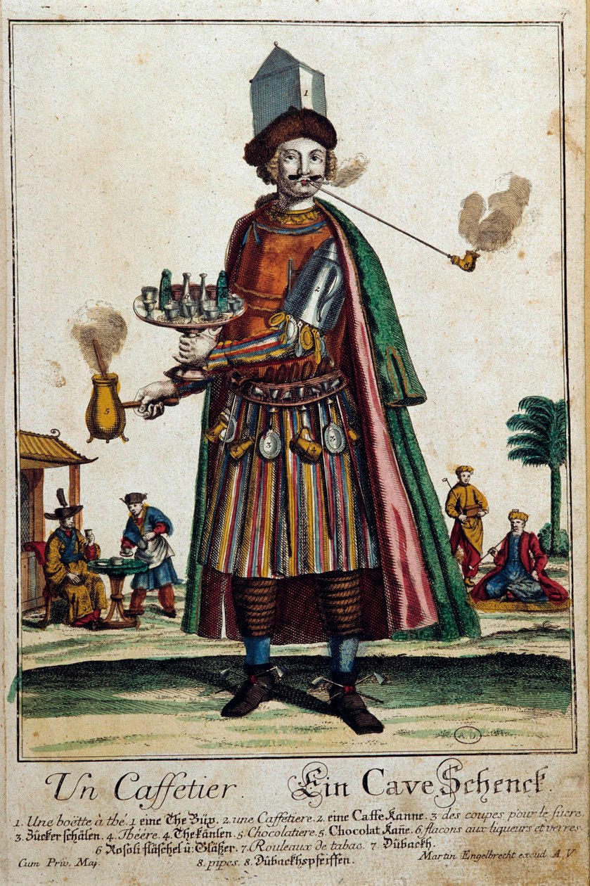Kaffetrakteren: en mann som har på seg en kaffetrakter og en tjeneste. Gravering av Martin Engelbrecht (1684-1756) Paris fra 1700-tallet, dekorativ kunst av Martin Engelbrecht