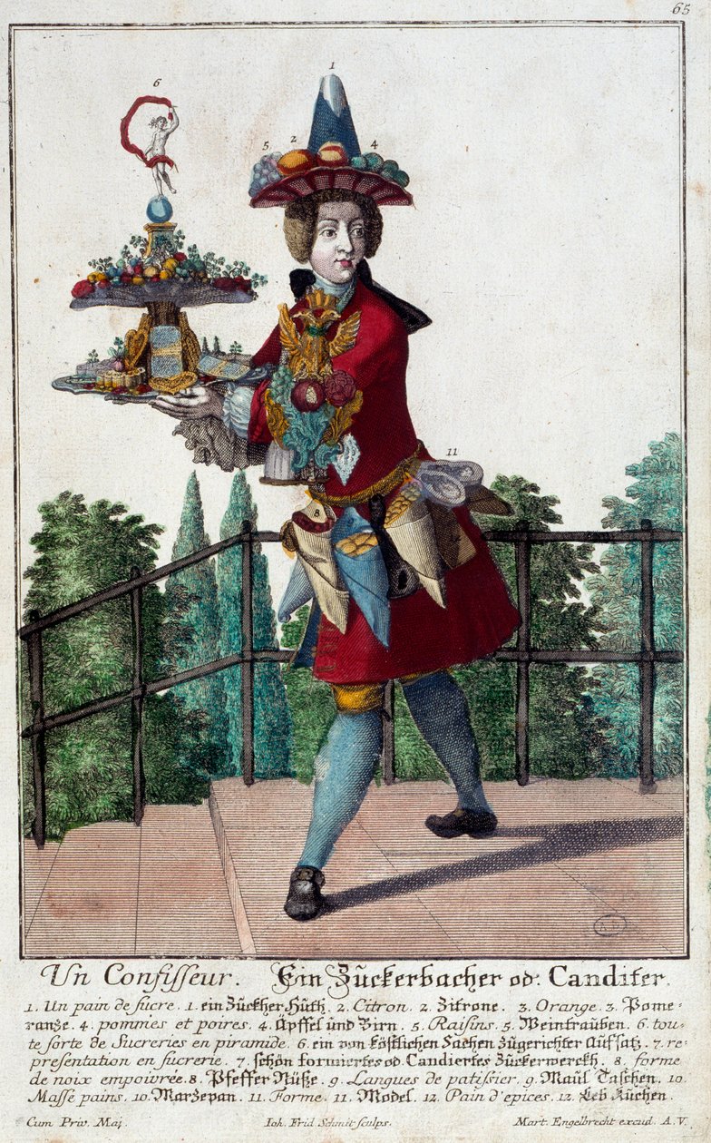 Konditoren: en ung mann som holder et brett med godteri og konfekt. Gravering av Martin Engelbrecht (1684-1756) 1700-tallet. Paris, dekorativ kunst av Martin Engelbrecht