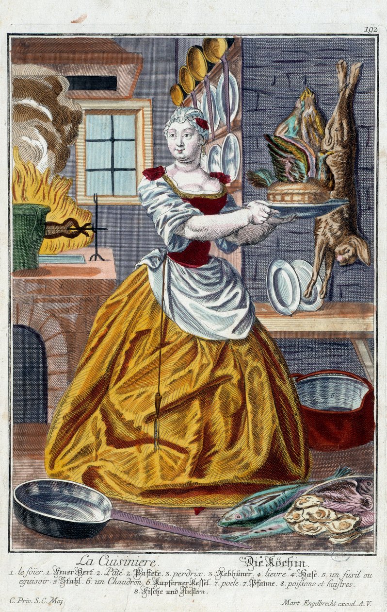 Kokken. Gravering av Martin Engelbrecht (1684-1756), i "" New assembly of the manouvries habilles"" 1700-tallet, Tyskland. Paris, dekorativ kunst av Martin Engelbrecht