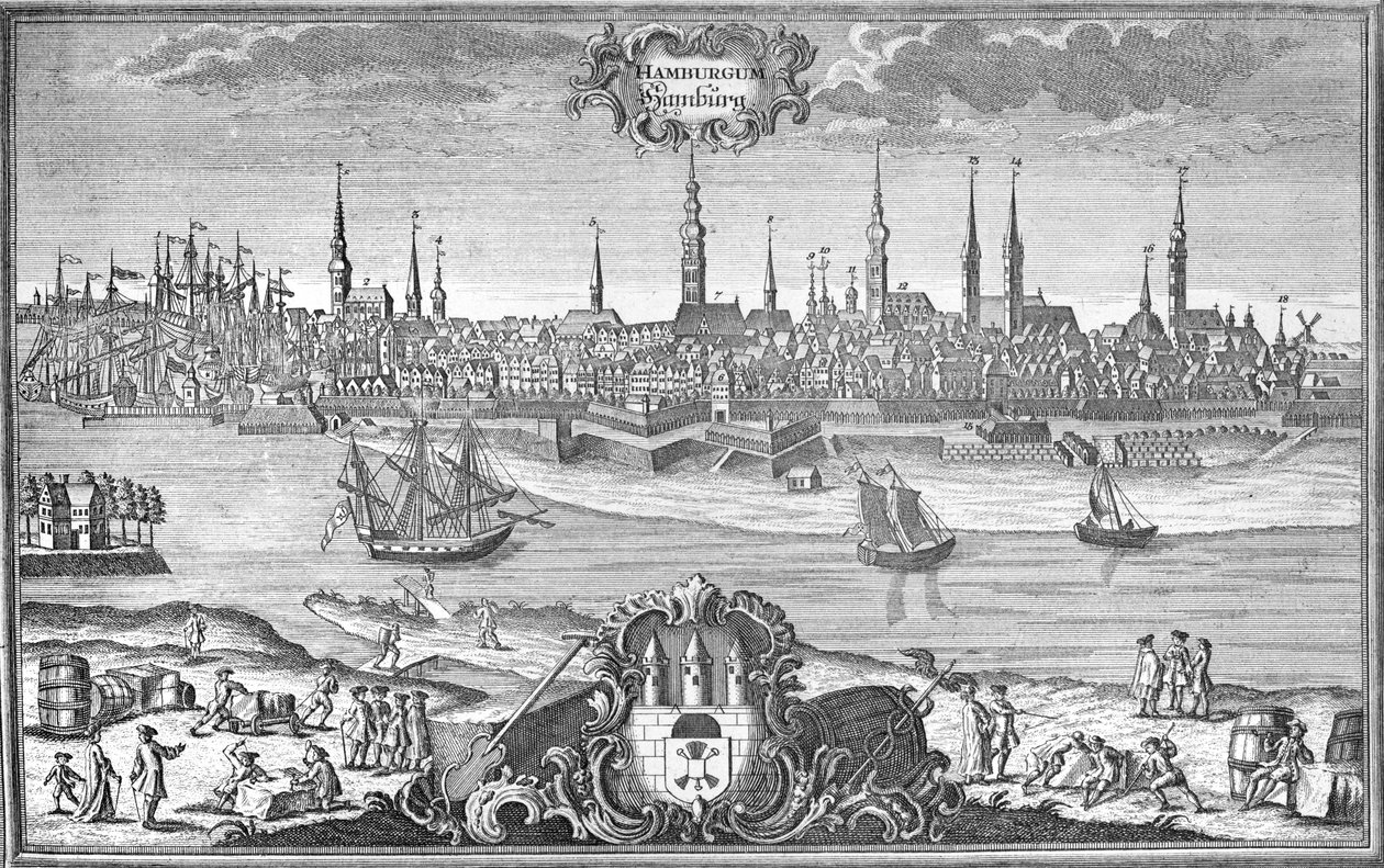 Utsikt over Hamburg, ca. 1710-50 av Martin Engelbrecht