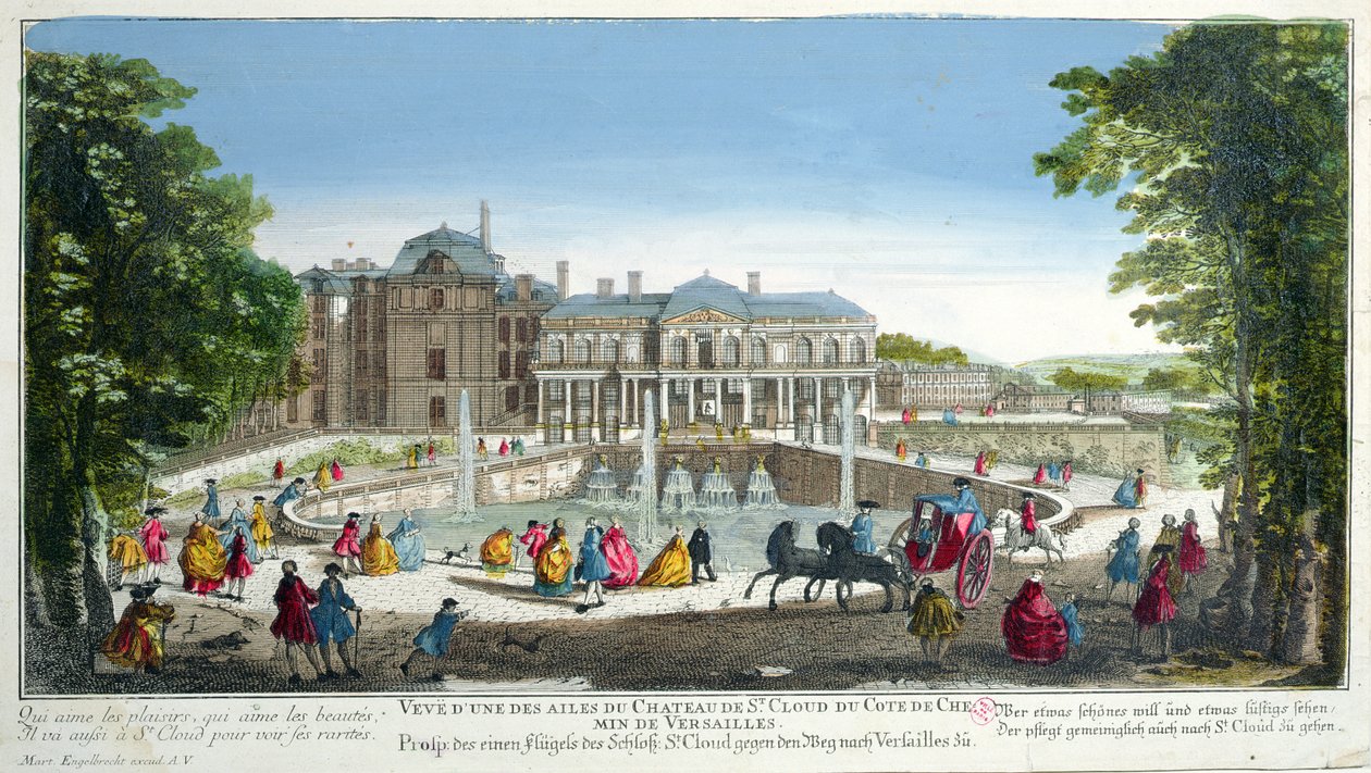 Utsikt over Chateau de Saint-Cloud nær Versailles, midten av 1700-tallet (fargegravering) av Martin Engelbrecht