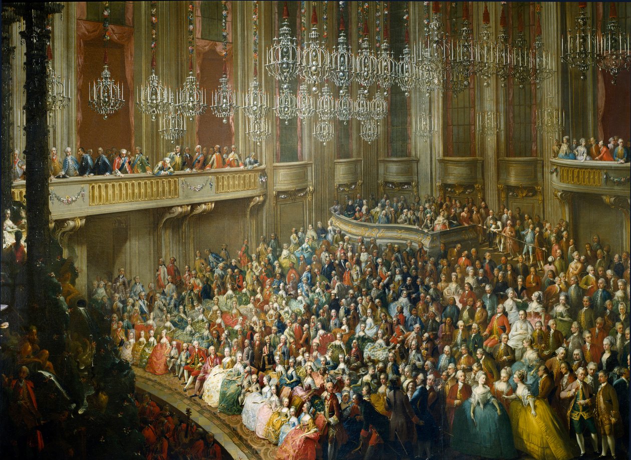 Fest gitt til ære for Maria Therese av Østerrike (1717-1780), Joseph II (1741-1790) som ble keiser og kone til Isabella av Parma (Bourbon-Parma) (Bourbon Parma) den 10/10/1760 den unge Wolfgang Amadeus Mozart (1756-1791) er til stede. Maleri fra Sc av Martin II (school of) Mytens or Meytens