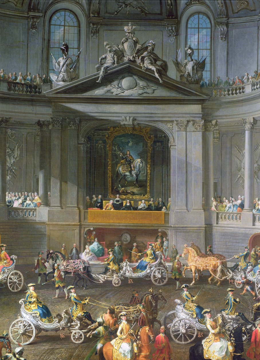 En kavalkade i vinterrideskolen i Wien Hof for å feire nederlaget til den franske hæren i Praha som viser rytterportrettet av keiser Charles VI, detalj fra 1743 av 67400, se også 665 av Martin II Mytens or Meytens