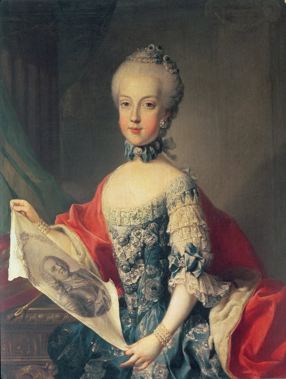 Erkehertuginne Maria Carolina (1752–1814), trettende barn til Maria Theresia av Østerrike (1717–80), kone til Ferdinand I (1751–1825) konge av de to Siciliene, med et portrett av faren keiser Franc av Martin II Mytens or Meytens